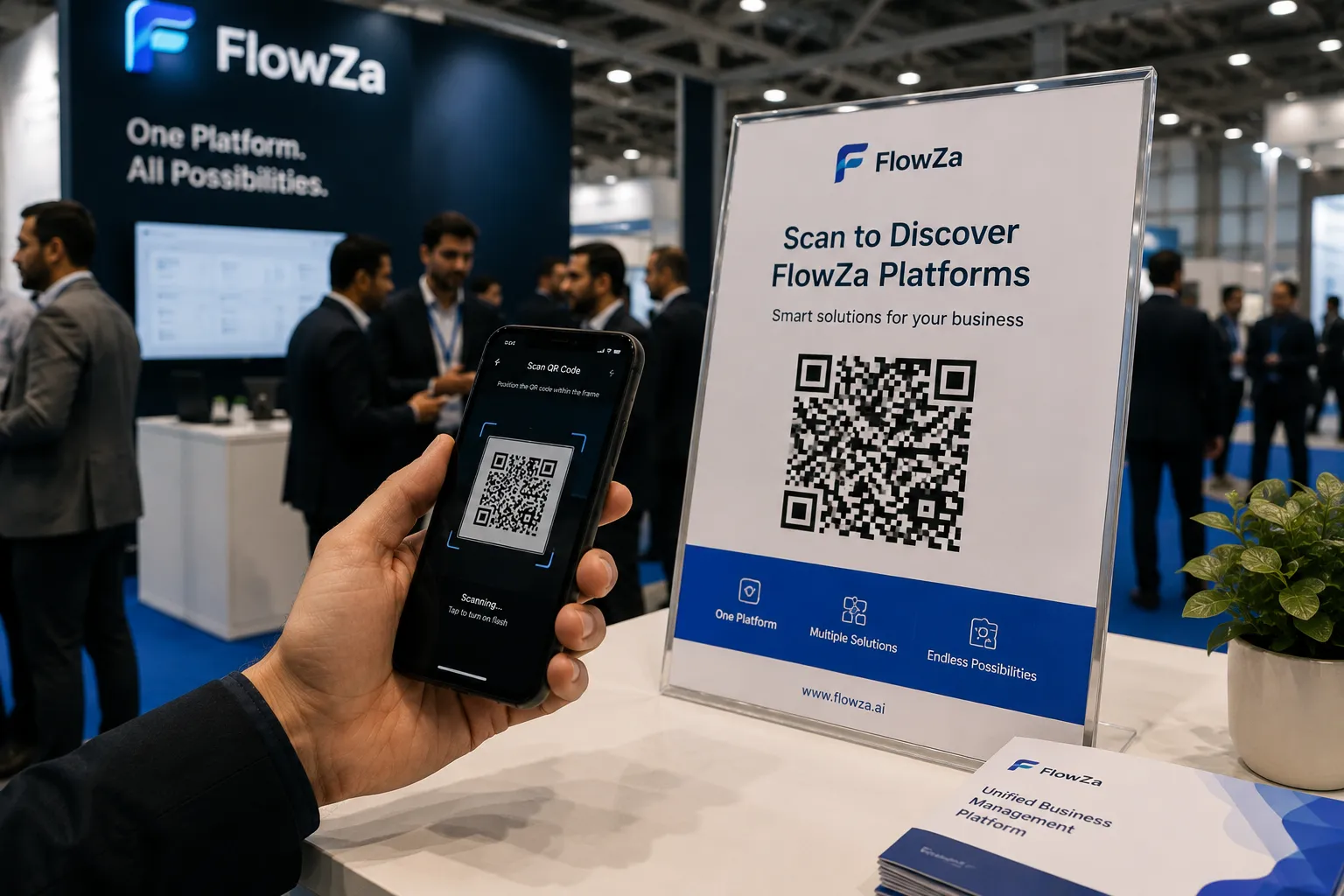 A hand holding a phone to scan a QR code at a FlowZa stand, below a wall headline reading One Platform. All Possibilities. Visitors talk in the background.