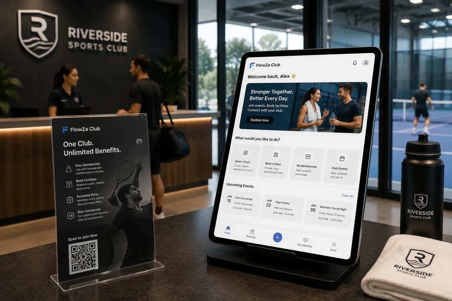 A tablet on a sports-club reception desk showing FlowZa Club — court and class booking options and upcoming member events — beside a branded bottle and towel
