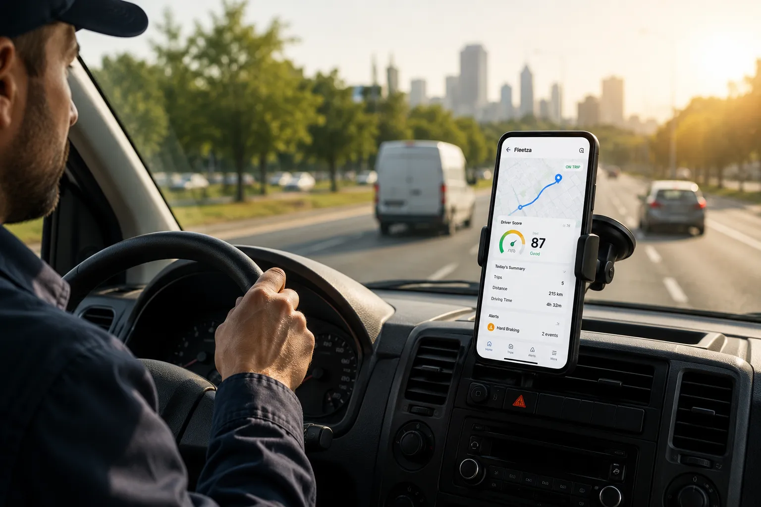 A phone in a windscreen mount showing the Fleetza app — a route map, a driver score of 87 and today's trip summary — while driving behind a van