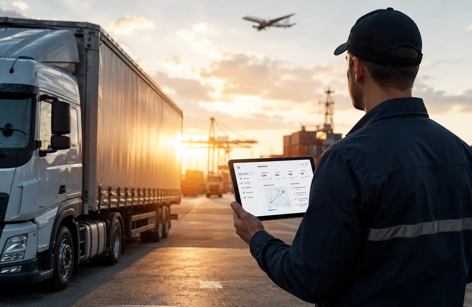 A curtain-side freight truck at a container terminal at sunset, with gantry cranes behind and a shipment-tracking dashboard open on a tablet in the foreground