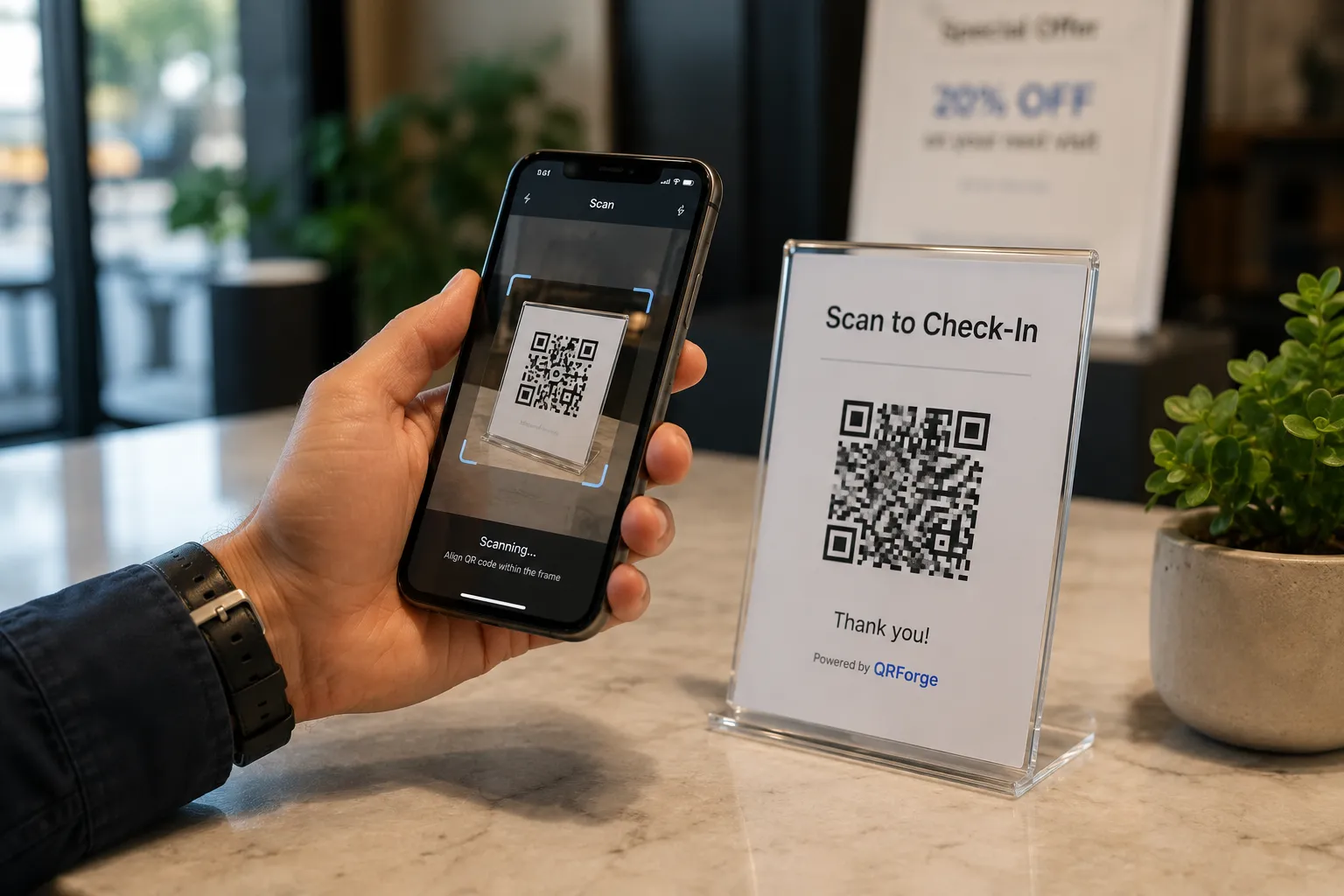 A hand holding a phone to scan a counter standee reading Scan to Check-In, marked Powered by QRForge