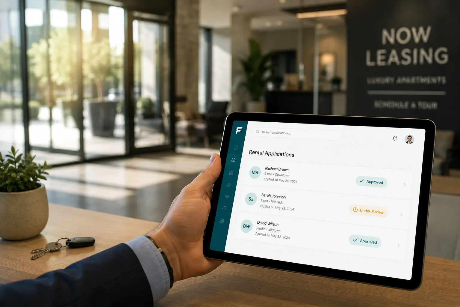 A hand holding a tablet showing the FlowZa RentFlow application list — Approved and Under Review status pills beside three applicants — in a leasing office with a blurred Now Leasing sign behind