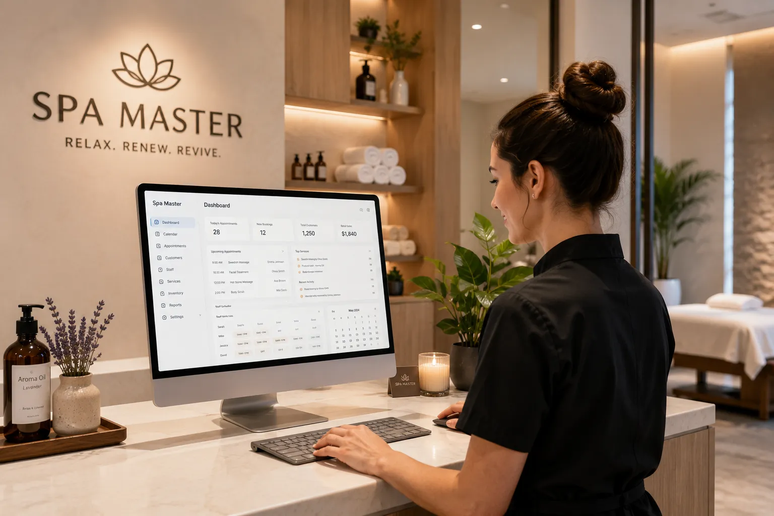 A staff member at a spa reception desk working in the Spa Master dashboard on a monitor, below a wall sign reading SPA MASTER — RELAX. RENEW. REVIVE.